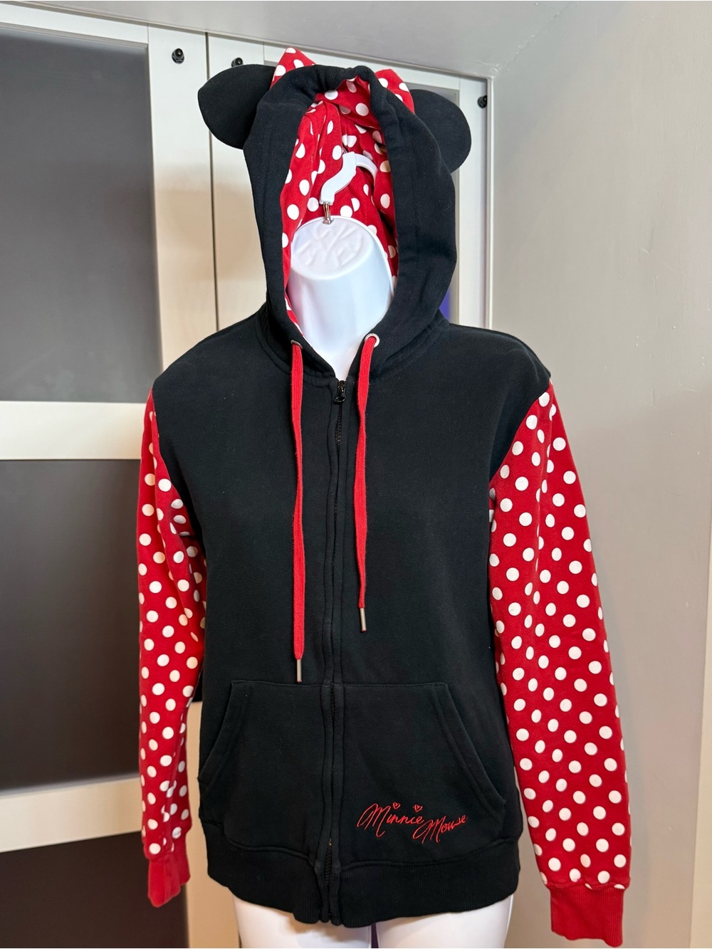 Disney Parks Minnie Mouse Black Hoodie with Bow and Ears, size Small.